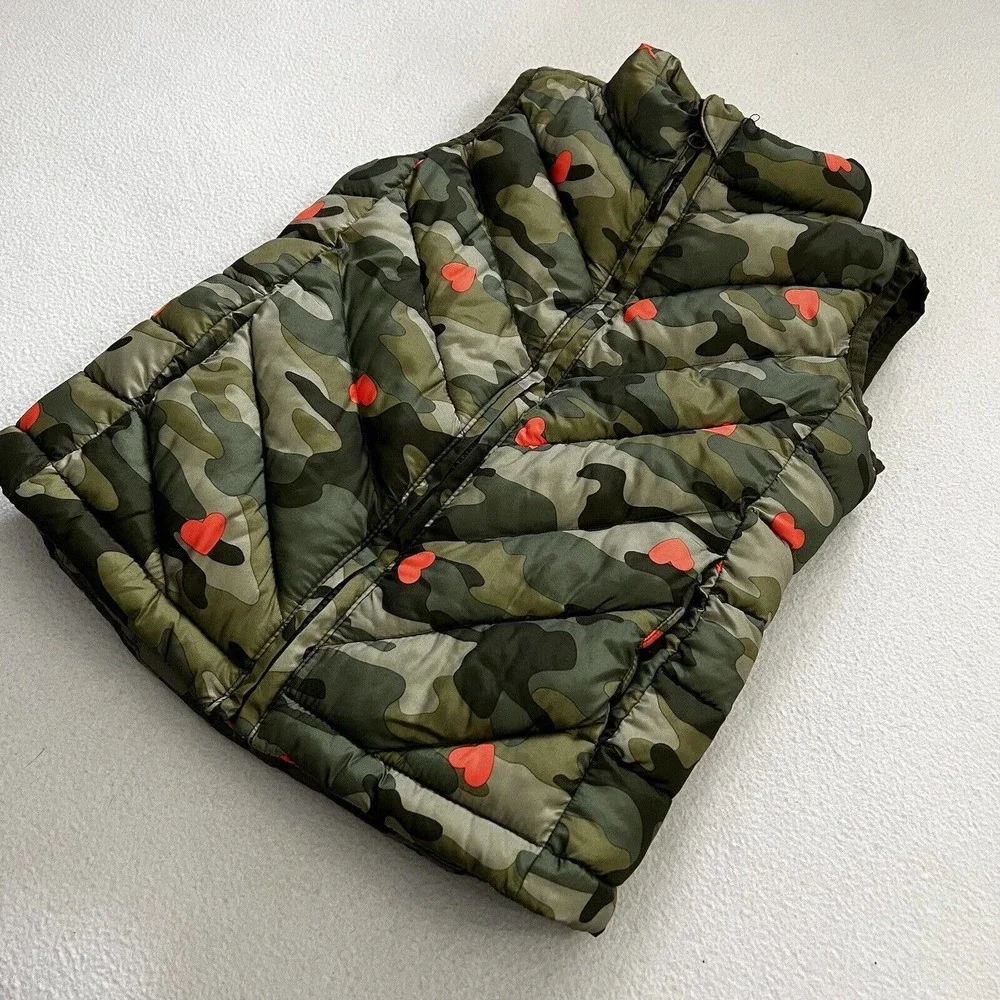Gap Kids Desert Camo Heart Puffer Vest Quilted Green Camouflage Print Girl S 6-7